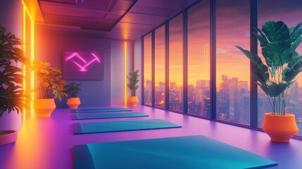Fototapeta premium Yoga studio with mats and floor-to-ceiling windows overlooking a sunset cityscape