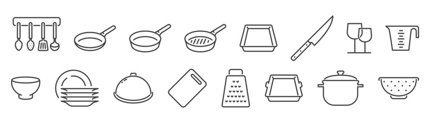 Tableware and cookware linear icons set isolated on transparent background. A set of kitchen icons. Kitchen utensils. Сooking line icons. Editable stroke.