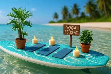 Obraz premium Miniature Yoga Studio on a Floating Surfboard