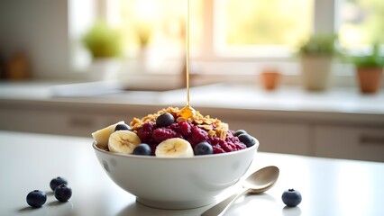 Healthy Fruit Bowl with Honey, Granola, and Fresh Berries in Bright Kitchen