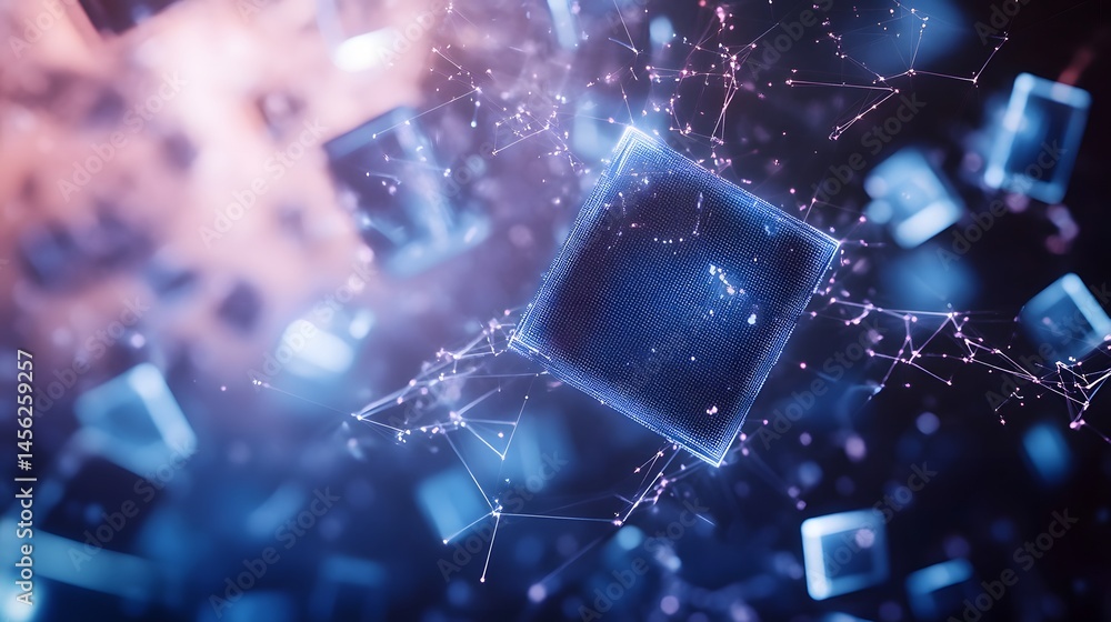 Poster abstract digital design featuring floating cubes and connections.
