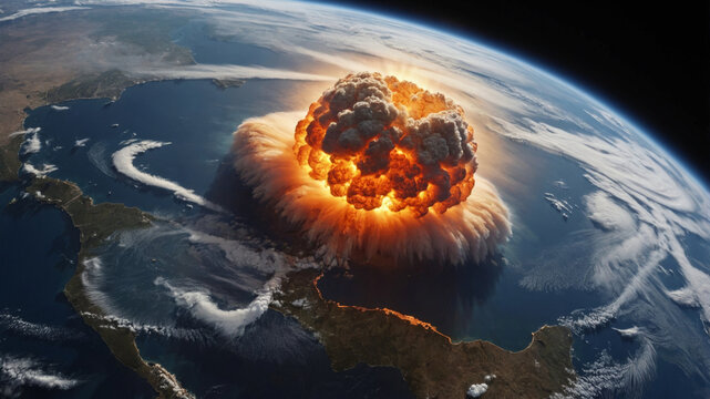 An enormous explosion on Earth causes a massive mushroom cloud to form from the destruction.