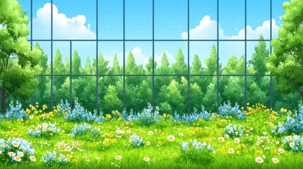 Serene garden view through glass windows peaceful meadow of wildflowers lush foliage and bright sky creating a calming ambiance