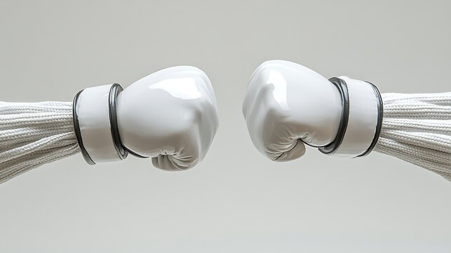 Two white boxing gloves, clenched fists, facing each other