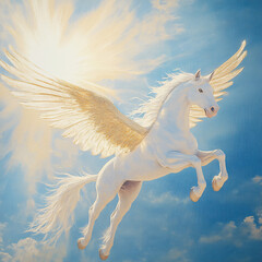 Pegasus winged legendary horse flying with spread wings on dreamy landscape