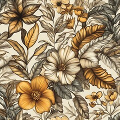 Floral pattern design:Elegant gold and gray floral pattern design, featuring a mix of large and small flowers, leaves, and branches, creating a sophisticated and stylish aesthetic.