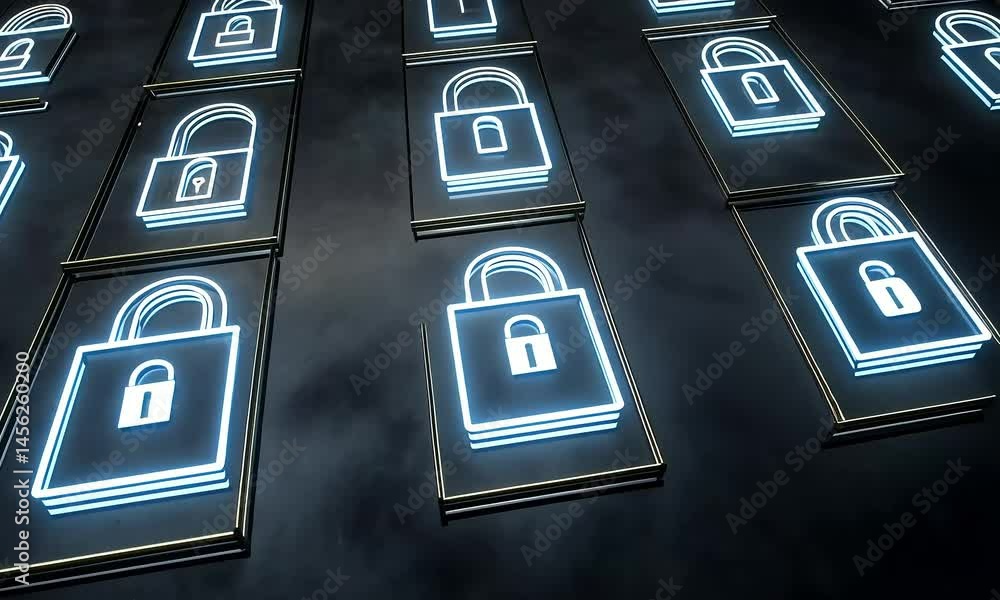 Poster digital padlocks arranged in a grid pattern representing online security and data protection