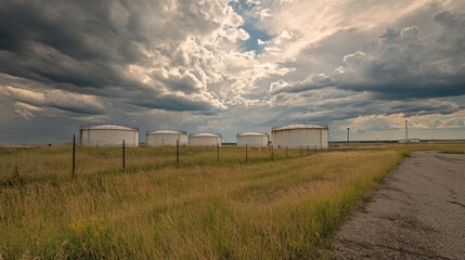 Crude oil storage tanks in an open field under a cloudy sky, surrounded by fencing