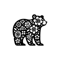 Folk inspired Scandinavian bear vector filled with leaves and floral patterns in decorative line art style  