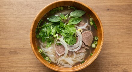 Delicious vietnamese pho soup with beef broth noodles herbs top eat hot food meal bowl view rice meat