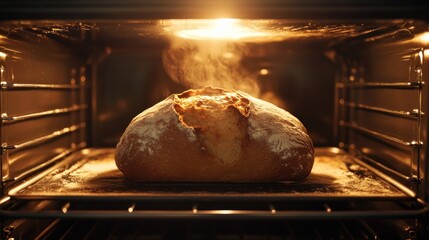 Loaf of bread baking in an oven, viewed through oven glass with glowing interior light