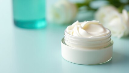 Urea Cream. Trendy beauty cream. Trend product close-up. Rich, trendy beauty cream sits elegantly beside delicate flowers, evoking sense of refined indulgence indoors.