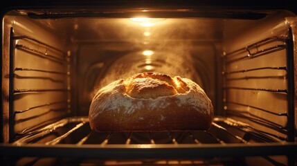 Loaf of bread baking in an oven, viewed through oven glass with glowing interior light