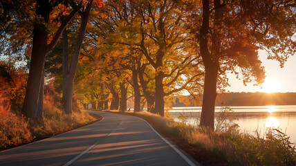 Obraz premium Autumn road winds by a lake. Golden trees line the way.