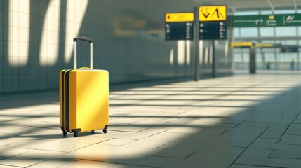 Modern suitcase standing alone on a tiled airport floor with directional signs in the background