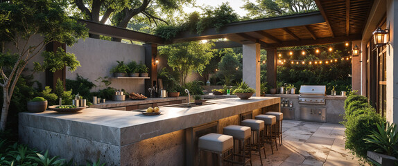 Luxurious outdoor kitchen with bar seating surrounded by lush greenery and evening ambiance