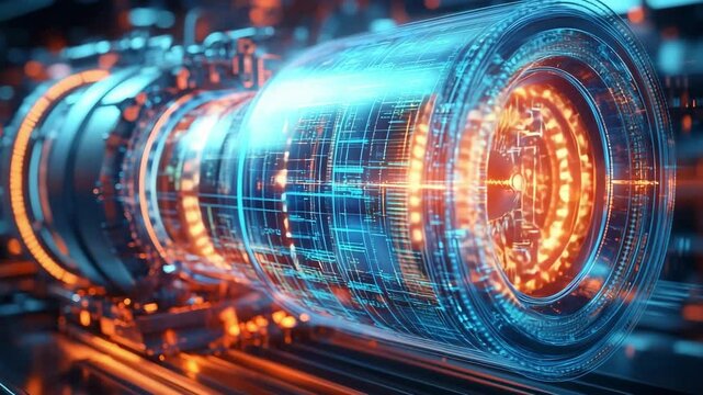 Highly detailed CGI rendering of internal airflow dynamics inside a hydrogen-powered gas turbine, showcasing glowing blue and orange energy flow, advanced engineering, and futuristic design structure.
