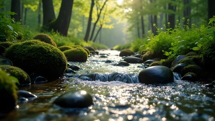 Sunlit Forest Stream with Mossy Rocks and Lush Greenery in a Tranquil Landscape