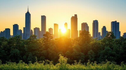 Obraz premium Metropolitan city skyline at golden hour contrasted with vibrant lush greenery showcasing the tranquil juxtaposition of urban life