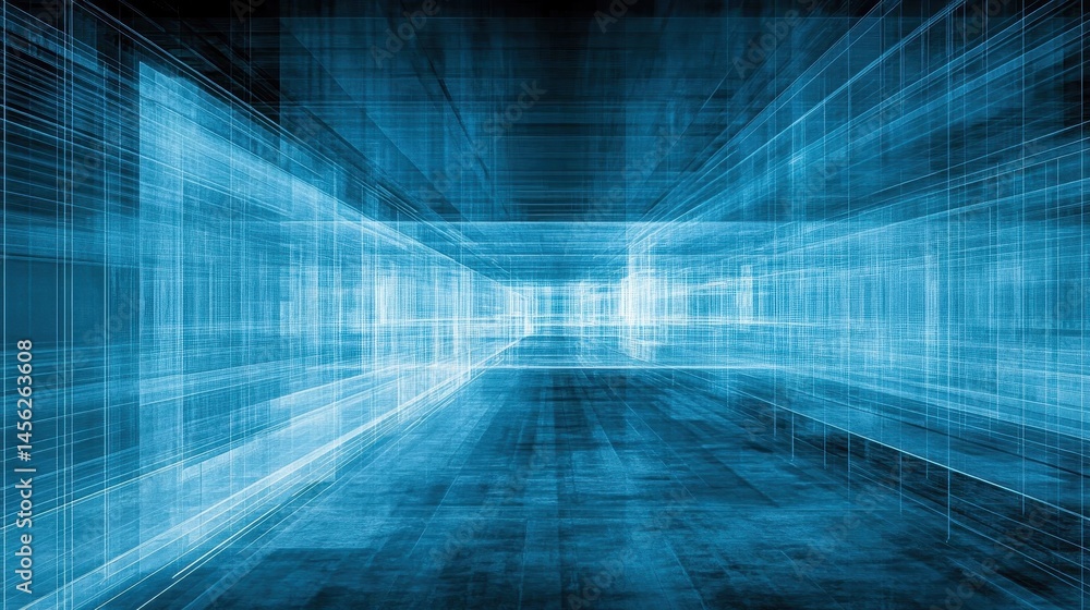 Poster futuristic blue digital network visualization for immersive technological experience evoking data st