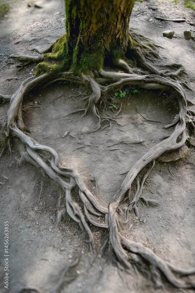 Poster Tree roots create a heart shape on the ground in a serene forest setting during daylight hours