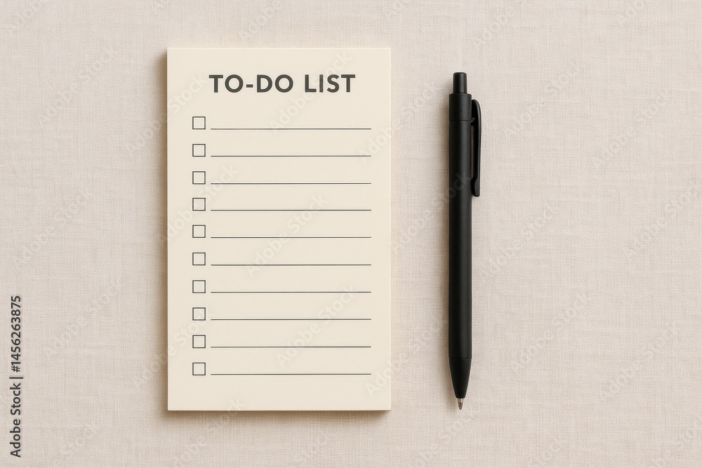 Poster organized to-do list with empty checkboxes and a black pen on a beige surface for effective planning