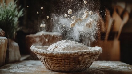 Proofed bread dough in a banneton basket with light flour dust and rustic kitchen background