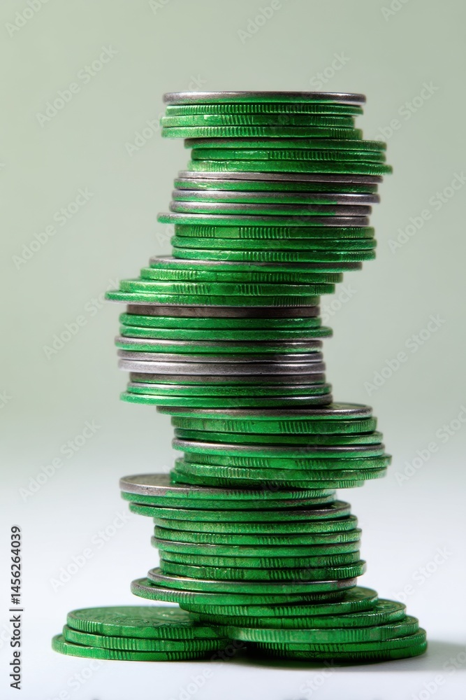 Poster stacked green coins creating an interesting visual display on a light background