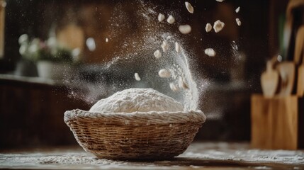 Proofed bread dough in a banneton basket with light flour dust and rustic kitchen background