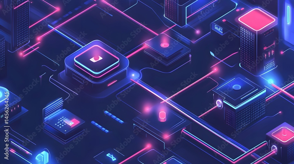 Poster abstract digital network design with glowing components.