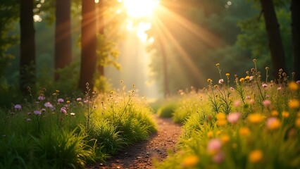 Sunlit Path Through Forest Glade with Wildflowers and Trees - Natural Light Landscape