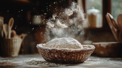 Proofed bread dough in a banneton basket with light flour dust and rustic kitchen background