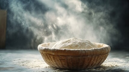 Proofed bread dough in a banneton basket with light flour dust and rustic kitchen background