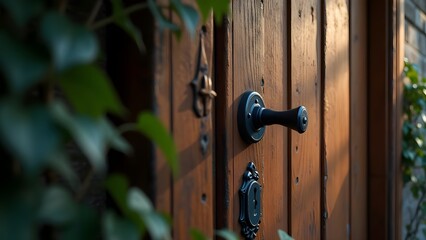 Ornate Wooden Door with Metal Handle and Ivy Accent