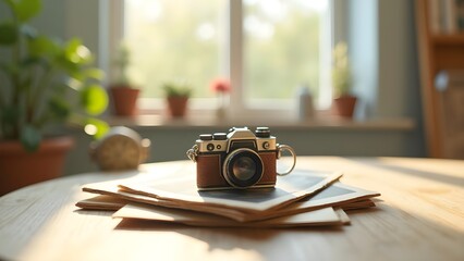 Vintage Camera on Table with Photos near Window