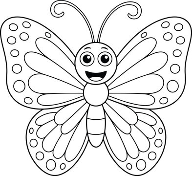 Happy Cartoon Butterfly Coloring Page for Kids Vector Outline