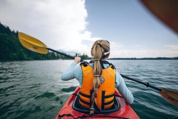 Obraz premium Kayaker paddles across a tranquil lake surrounded by lush greenery during a sunny afternoon outing