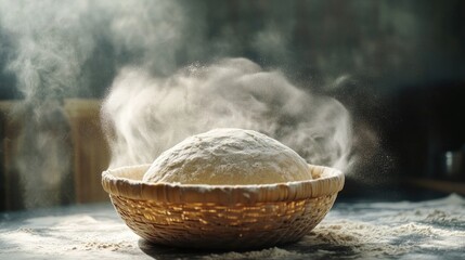Proofed bread dough in a banneton basket with light flour dust and rustic kitchen background