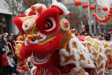 A colorful Chinese lion dance performs with energy and flair, celebrating the new year.