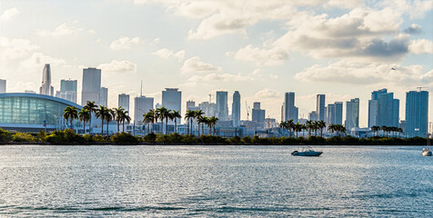 A panorama view towards the port and downtown Miami in springtime