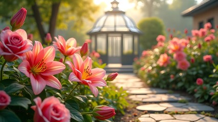 Idyllic Garden Scene with Pink Flowers, Gazebo, and Pathway
