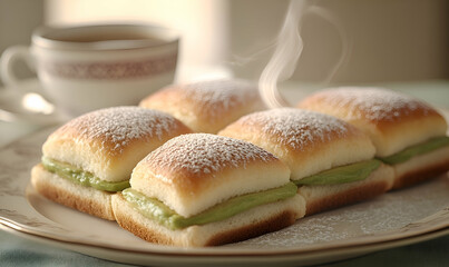 Sweet Pastries with Green Cream and Powdered Sugar