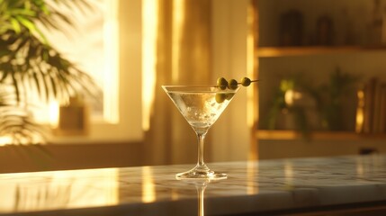 Realistic martini glass with a clear cocktail and two green olives on a pick, placed on a marble bar counter with soft lighting