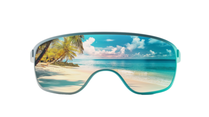 Augmented Reality Glasses Overlaying Digital Interface on Summer Beach Scene
