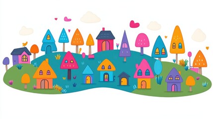 Pixelated landscape featuring whimsical houses and trees ideal for children's book illustrations and cute game backgrounds