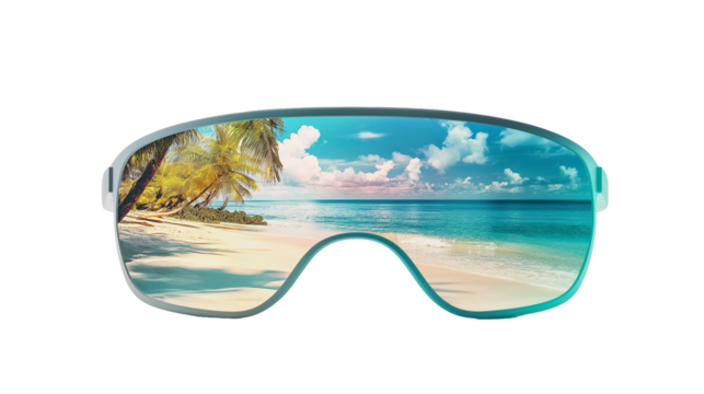 Augmented Reality Glasses Overlaying Digital Interface on Summer Beach Scene
