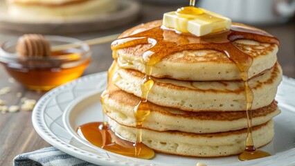 Buttery Maple Syrup Pancakes Stack, Food Photography, Breakfast, Golden Syrup, Pancakes, Stack of Pancakes