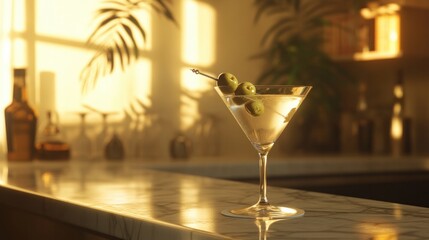 Realistic martini glass with a clear cocktail and two green olives on a pick, placed on a marble bar counter with soft lighting