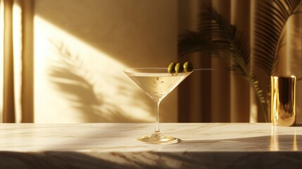 Realistic martini glass with a clear cocktail and two green olives on a pick, placed on a marble bar counter with soft lighting