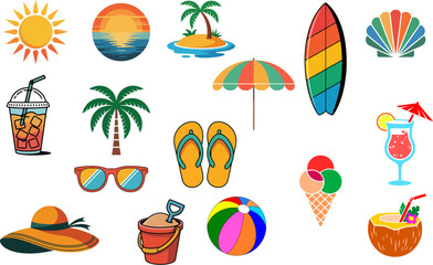 Colorful Summer Beach Icon Set – Tropical Vacation Elements with Sun, Palm Tree, Drinks, Surfboard, Umbrella, Flip Flops, Ice Cream, and More – Fun Cartoon Vector Collection